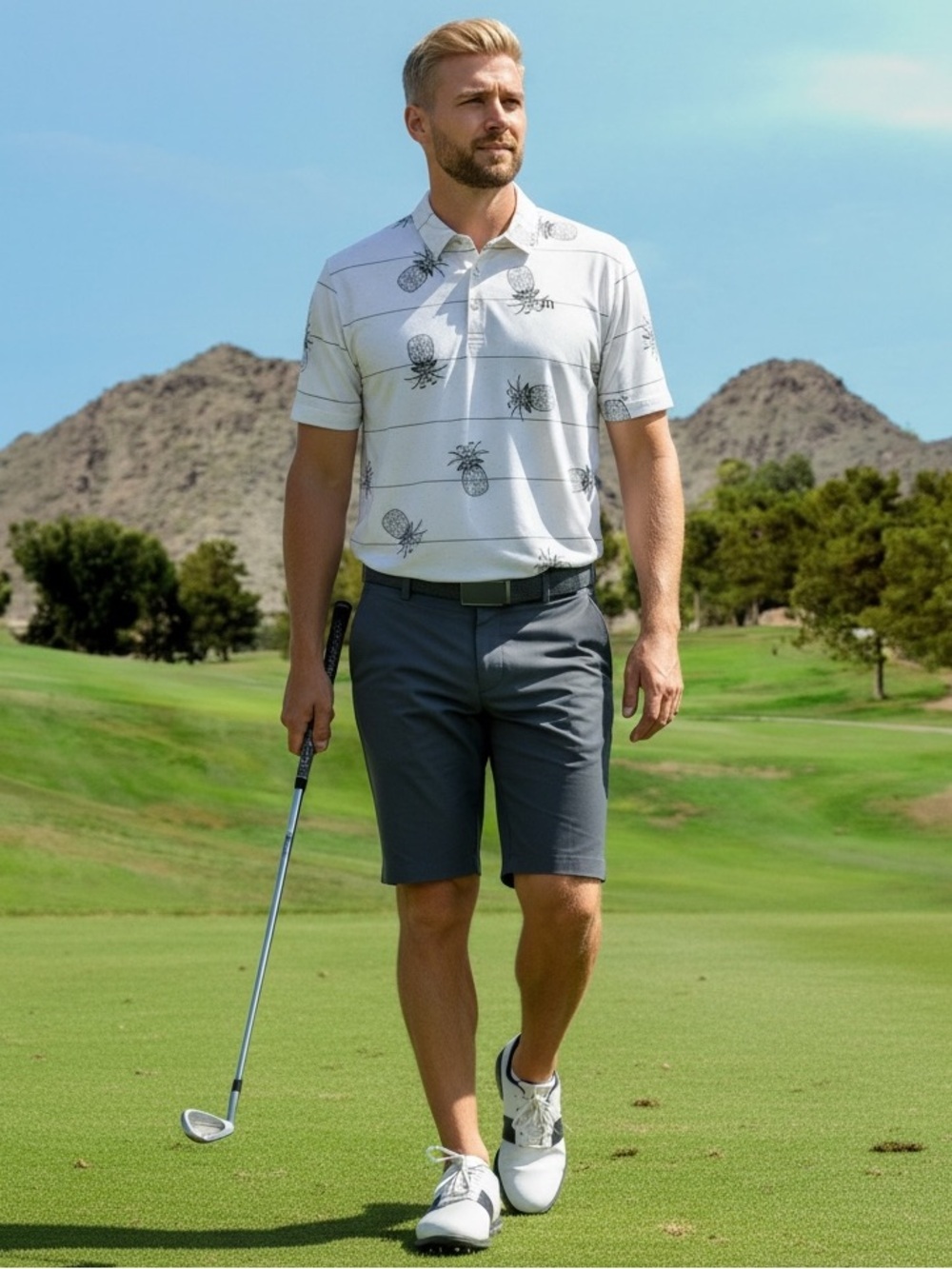 Travis Mathew Stacked Deck Pineapple Polo Men’s XL White Gray Golf Performance